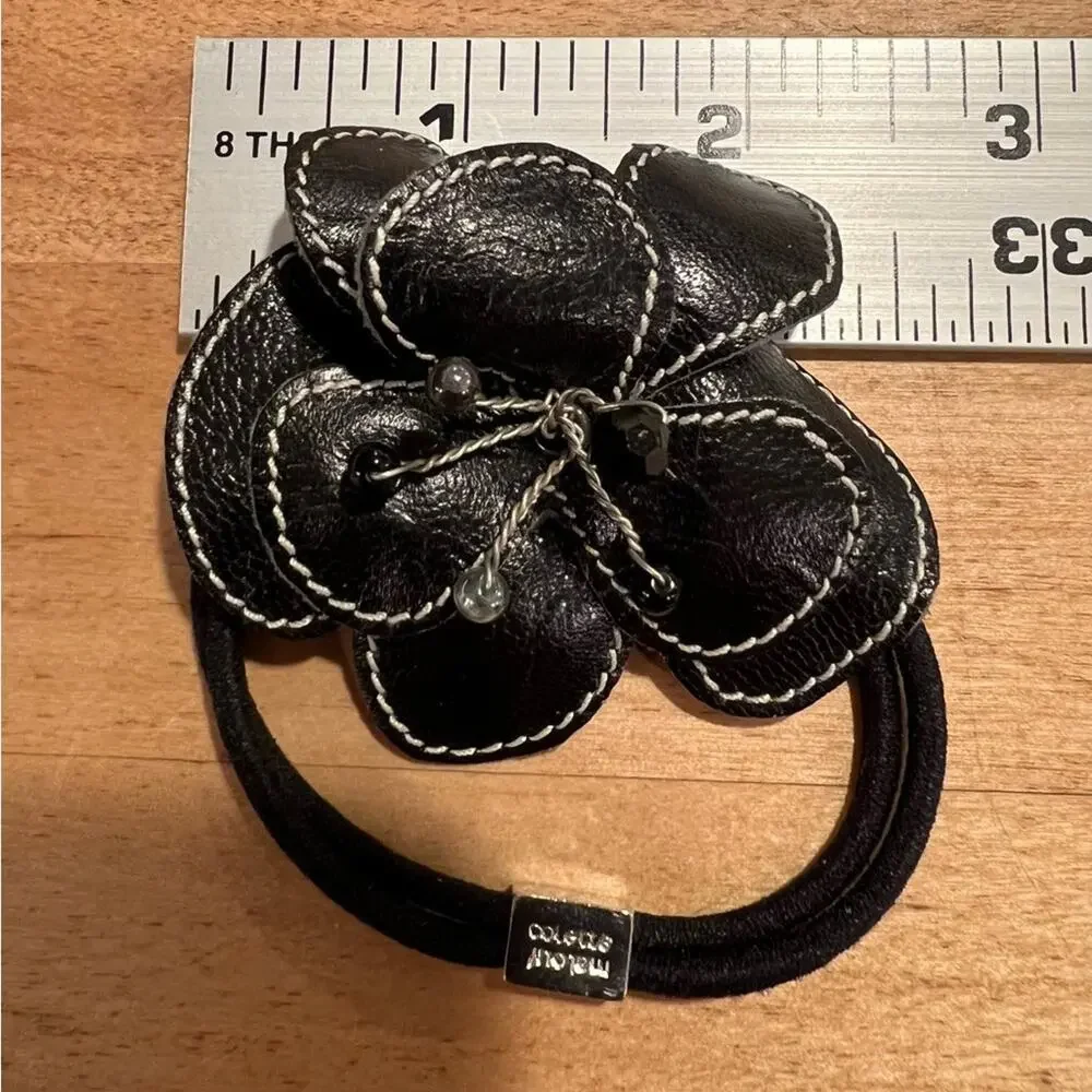 Colette Malouf Leather Cutout Flower bendable beaded hair band bow NWOT neutral